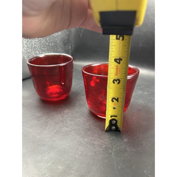 Pair Votive Candle Holder Red Dimple Glass Hand Blown Thick wall 3" Blenko? MCM - Picture 7 of 9